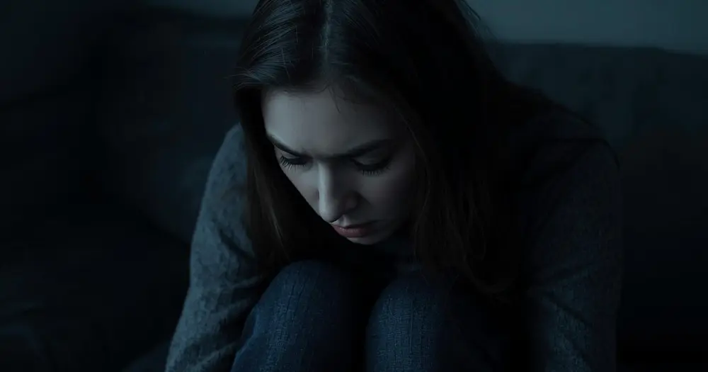 Depressioonis naine istub üksi pimedas ruumis ja vaatab alla, kujutades vaimset tervist ja kurbust.