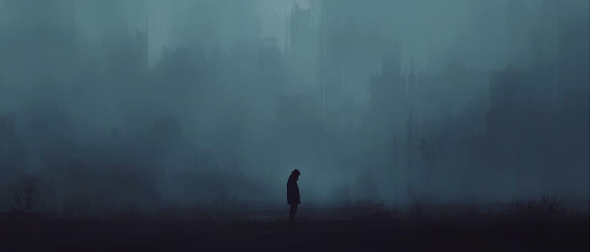 Одинокая фигура в туманном пространстве. Символ подавленного состояния и депрессии.